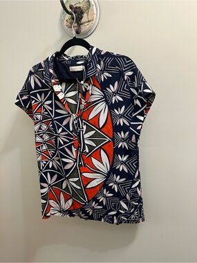 Tory Burch Navy and Cream Floral women’s Silk top with Coral Highlights Size 6